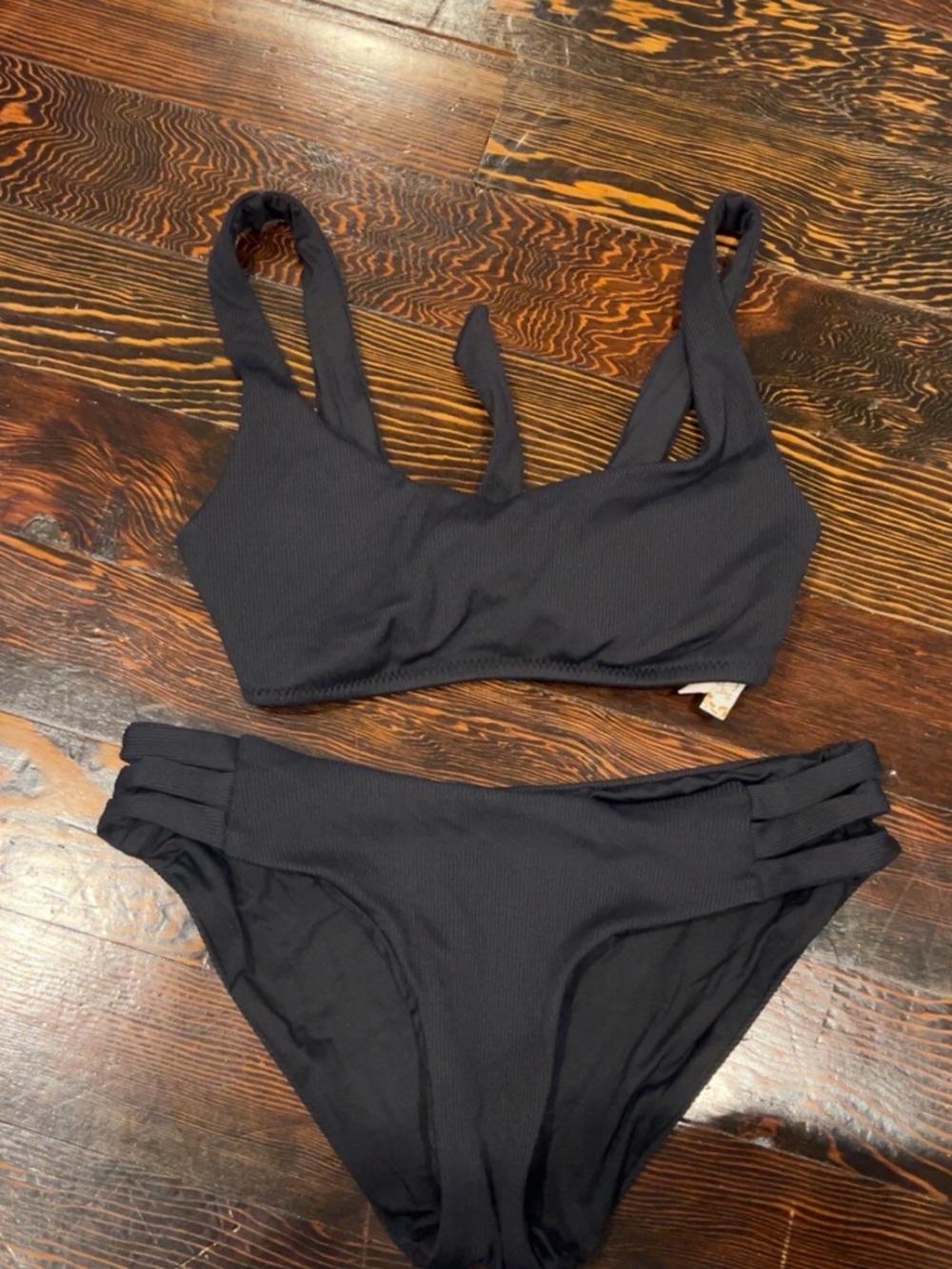 Black Ribbed Two-Piece Bikini Set - Unbranded